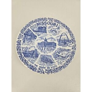 Vintage Missouri Souvenir Plate – Blue White State Landmarks 8 Inch Ceramic